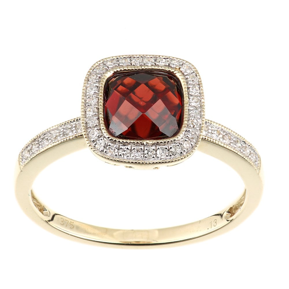 SPARKLD 9ct Yellow Gold Cushion Garnet and 0.13ct Diamond Halo Ring