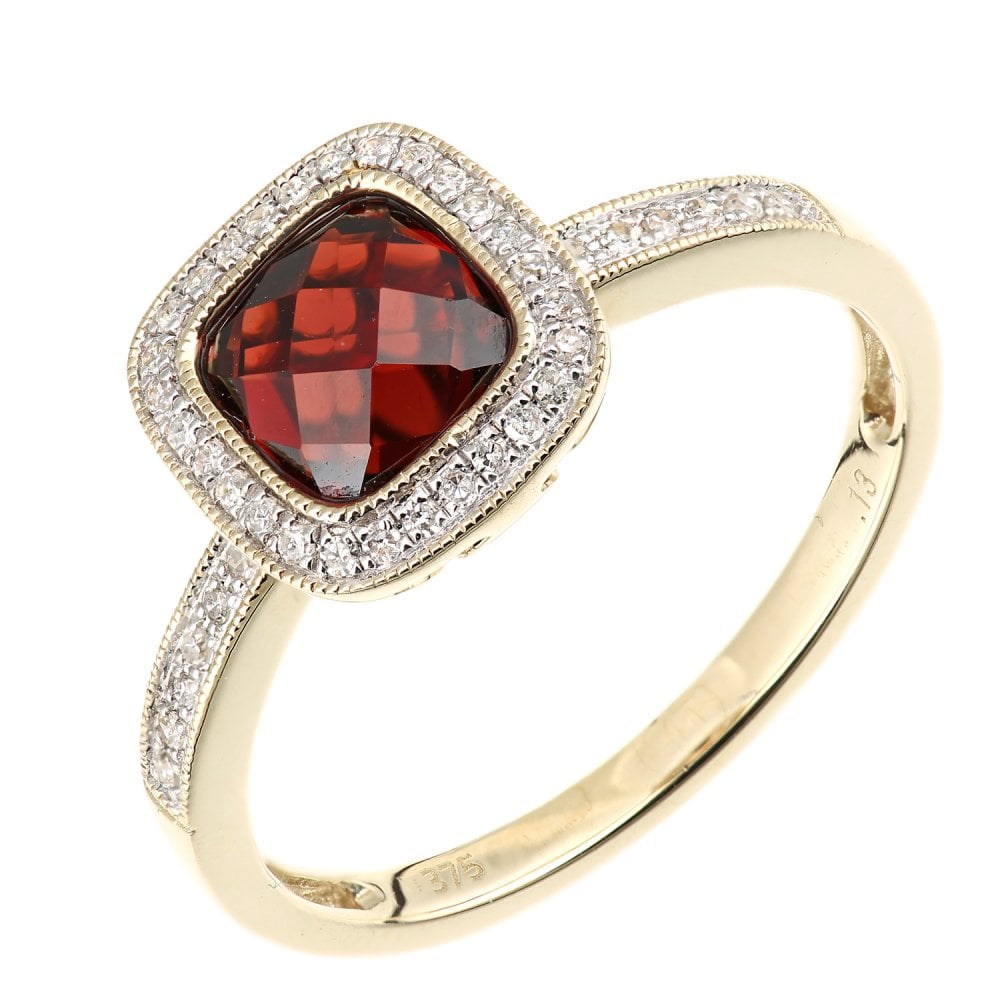 SPARKLD 9ct Yellow Gold Cushion Garnet and 0.13ct Diamond Halo Ring