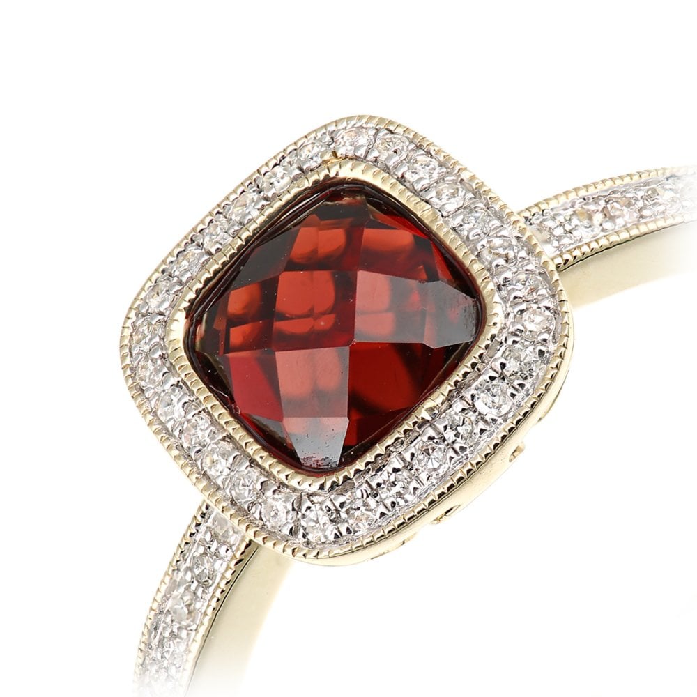 SPARKLD 9ct Yellow Gold Cushion Garnet and 0.13ct Diamond Halo Ring