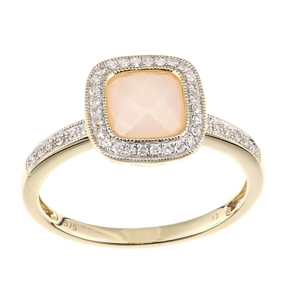 SPARKLD 9ct Yellow Gold Cushion Pink Opal and 0.13ct Diamond Halo Ring
