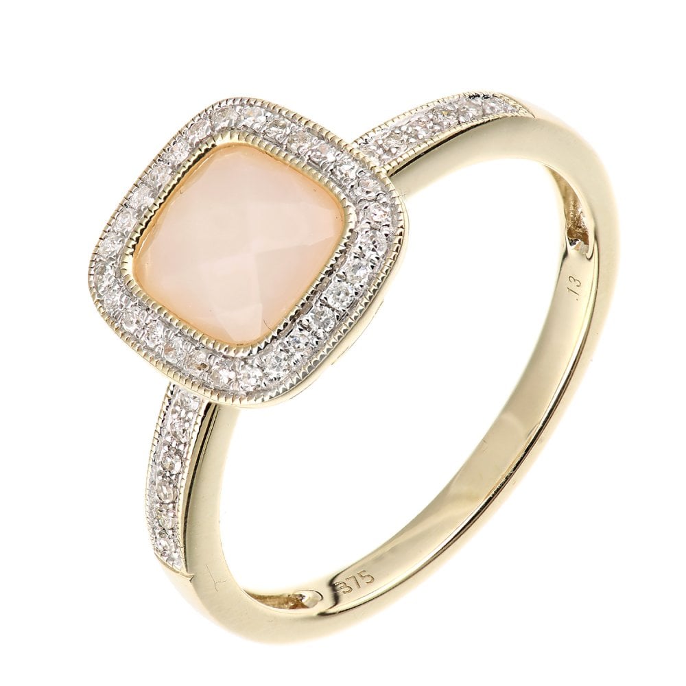 SPARKLD 9ct Yellow Gold Cushion Pink Opal and 0.13ct Diamond Halo Ring