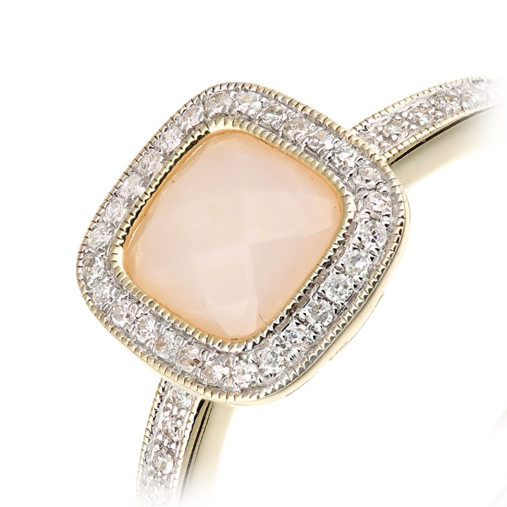 SPARKLD 9ct Yellow Gold Cushion Pink Opal and 0.13ct Diamond Halo Ring