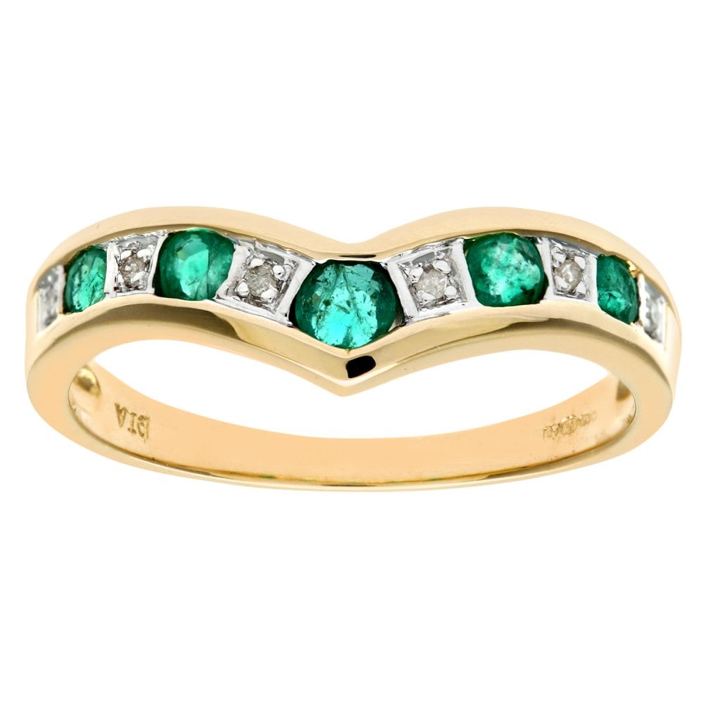 SPARKLD 9ct Yellow Gold Emerald & 0.02ct Diamond Wishbone Ring