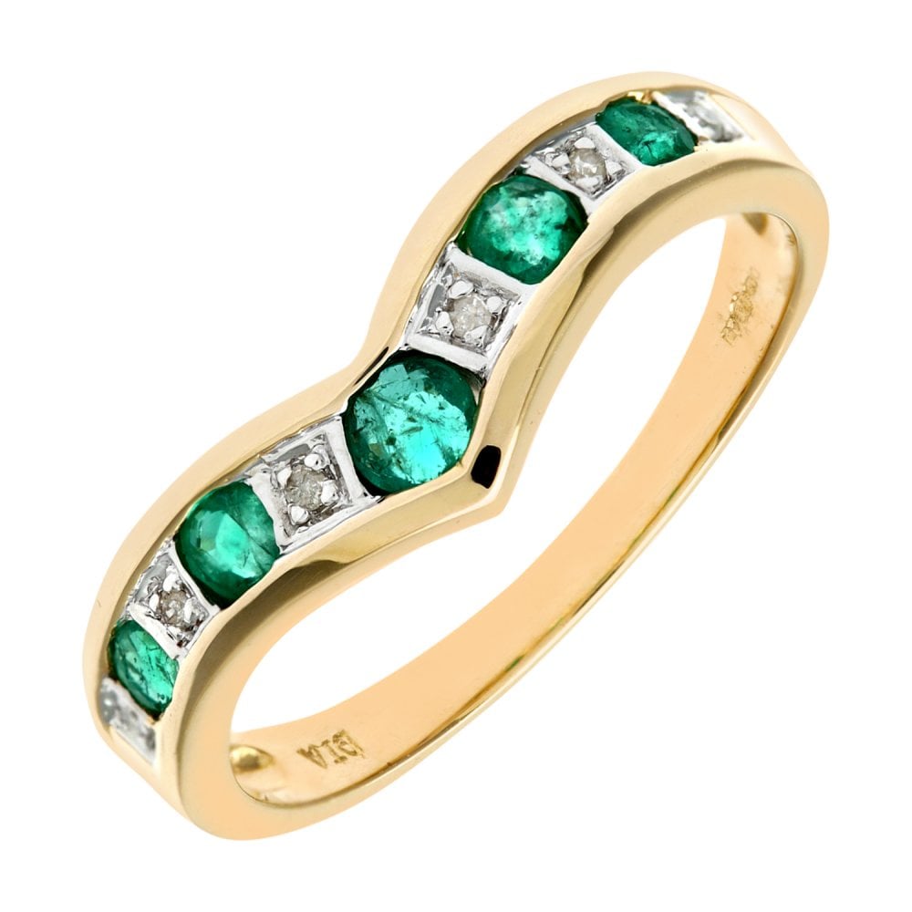 SPARKLD 9ct Yellow Gold Emerald & 0.02ct Diamond Wishbone Ring
