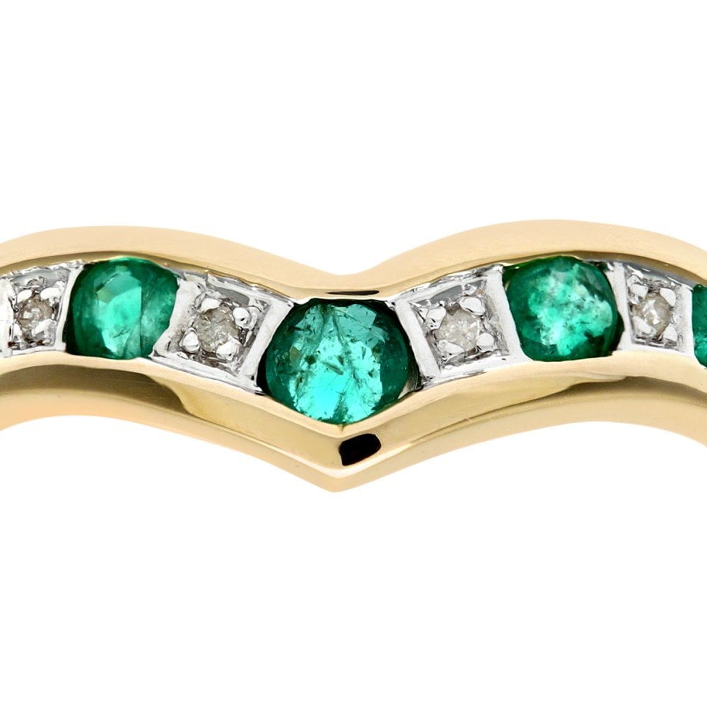 SPARKLD 9ct Yellow Gold Emerald & 0.02ct Diamond Wishbone Ring