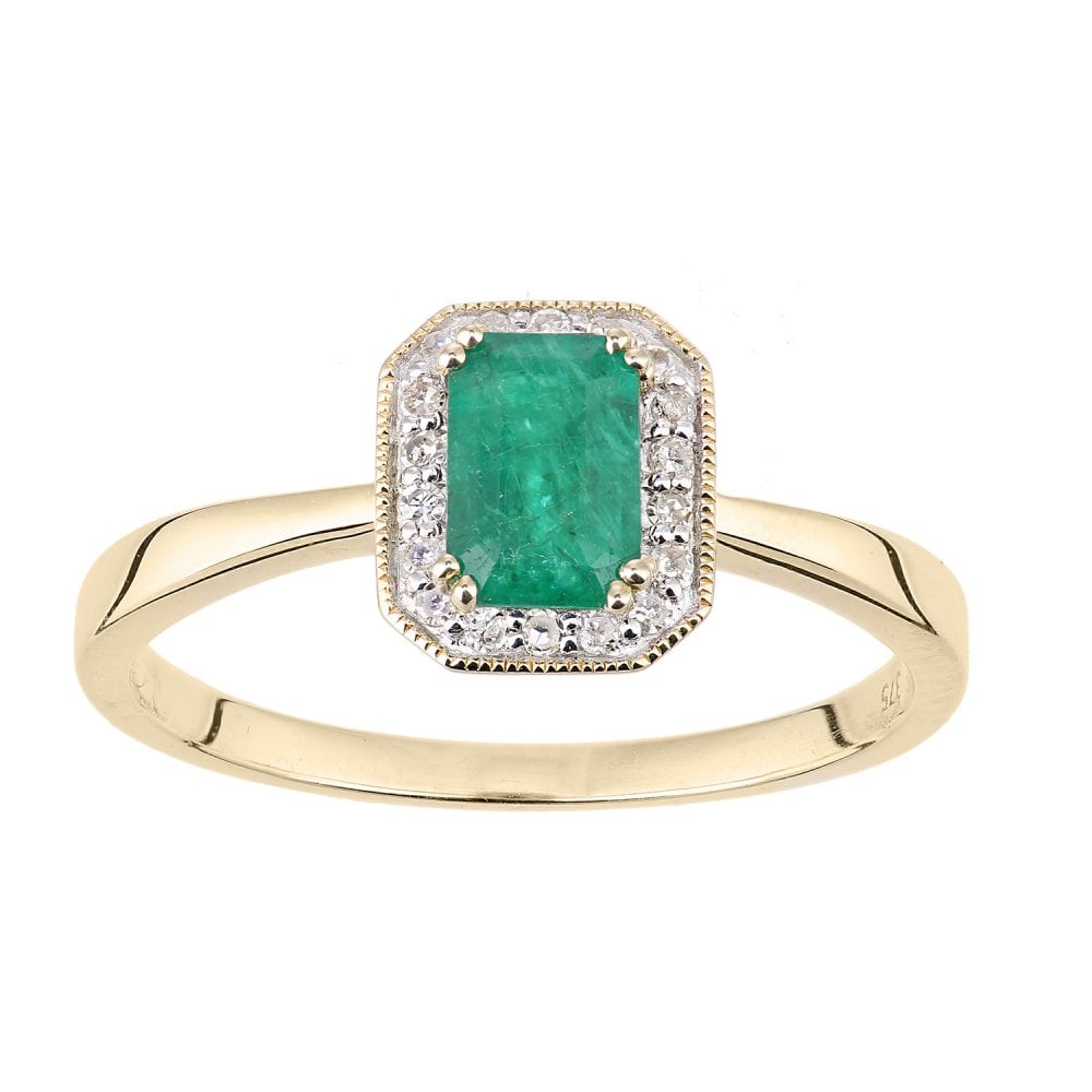 SPARKLD 9ct Yellow Gold Octagon Emerald and 0.08ct Diamond Cluster Ring