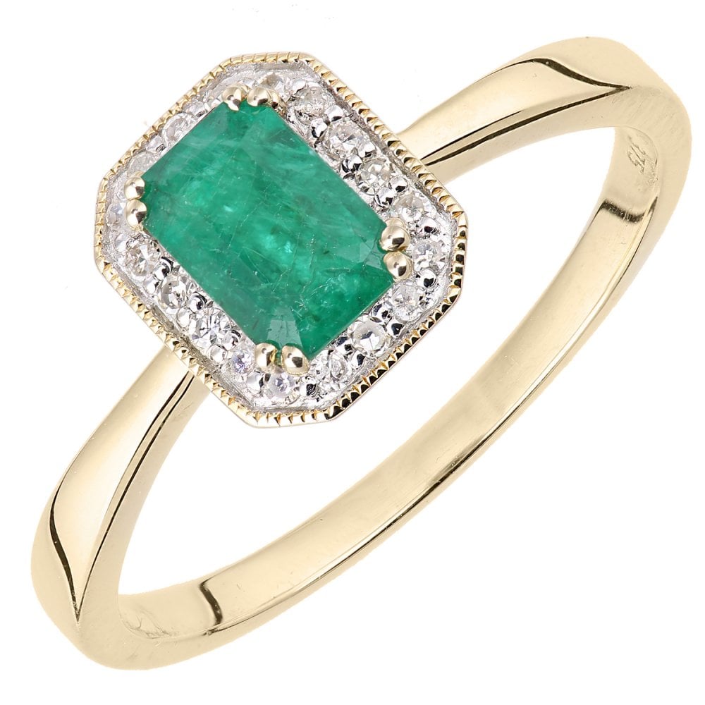 SPARKLD 9ct Yellow Gold Octagon Emerald and 0.08ct Diamond Cluster Ring