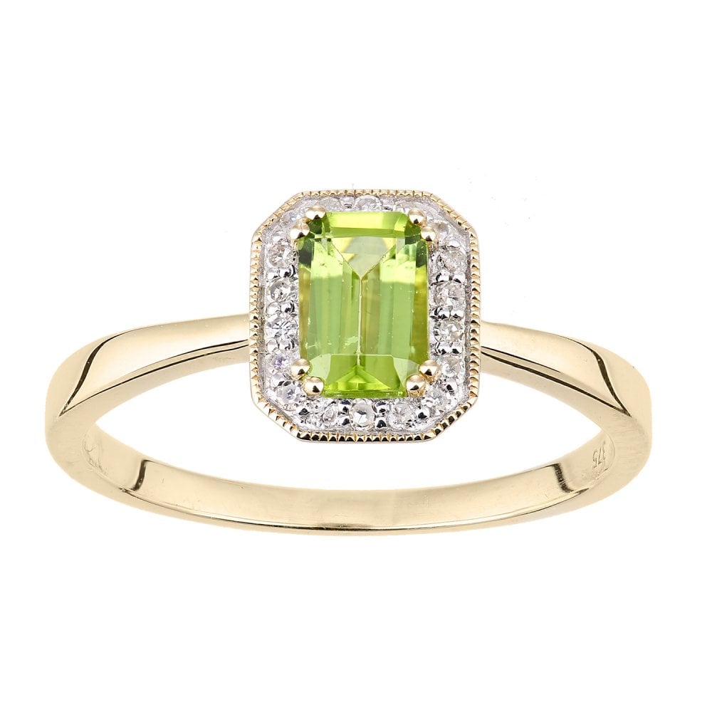 SPARKLD 9ct Yellow Gold Octagon Peridot and 0.08ct Diamond Cluster Ring