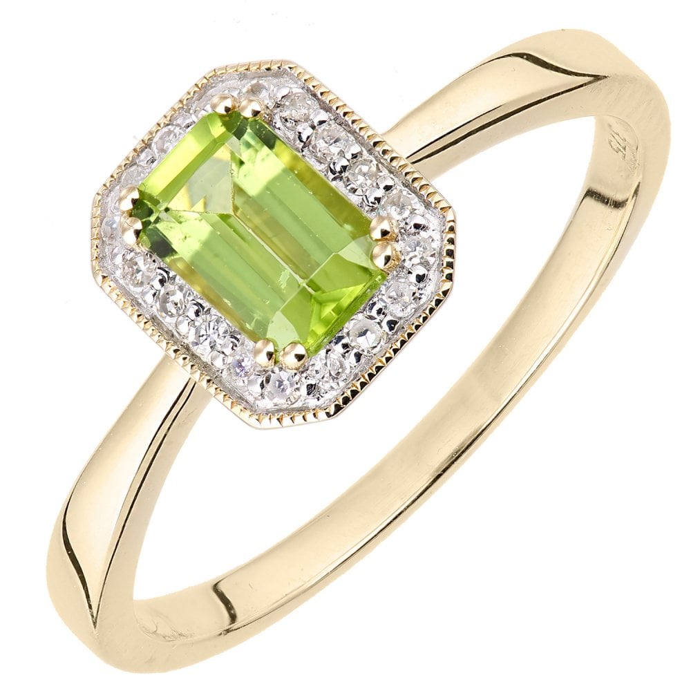 SPARKLD 9ct Yellow Gold Octagon Peridot and 0.08ct Diamond Cluster Ring