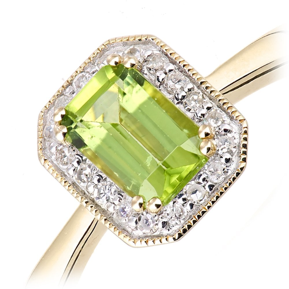 SPARKLD 9ct Yellow Gold Octagon Peridot and 0.08ct Diamond Cluster Ring