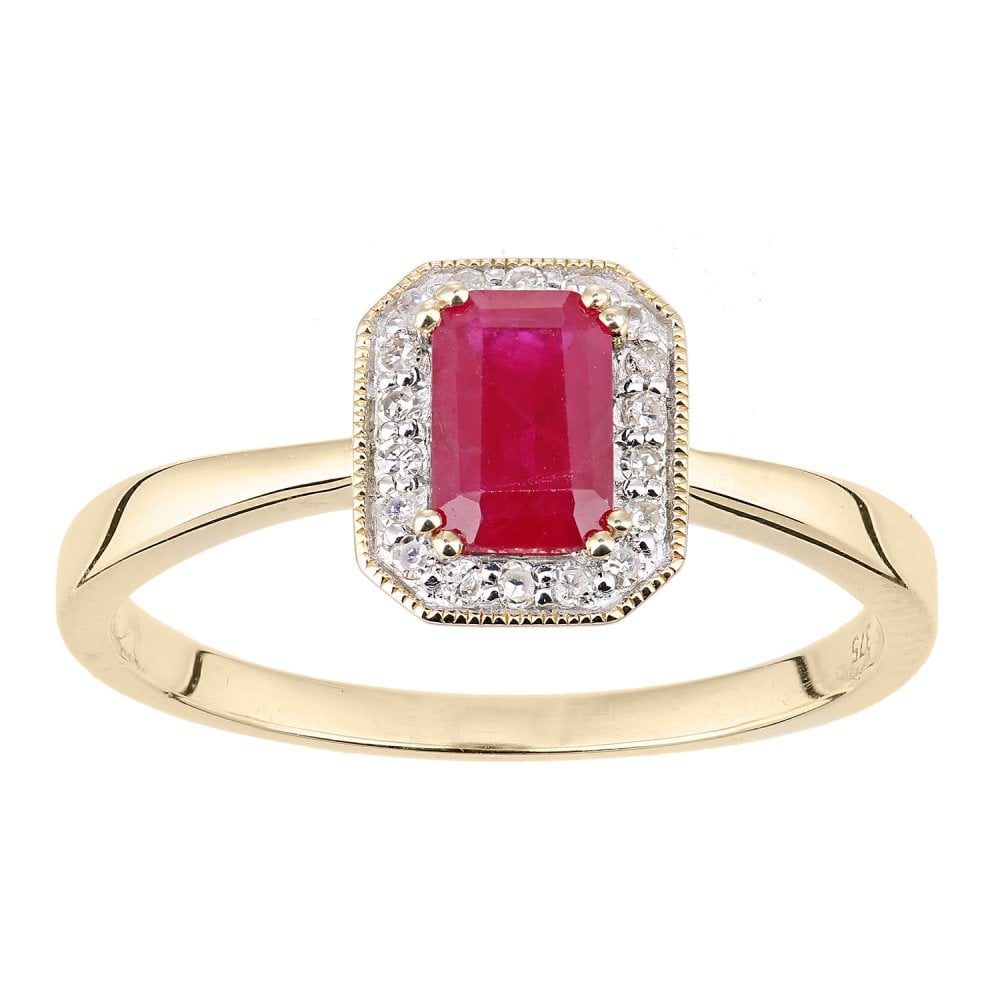 SPARKLD 9ct Yellow Gold Octagon Ruby and 0.08ct Diamond Cluster Ring
