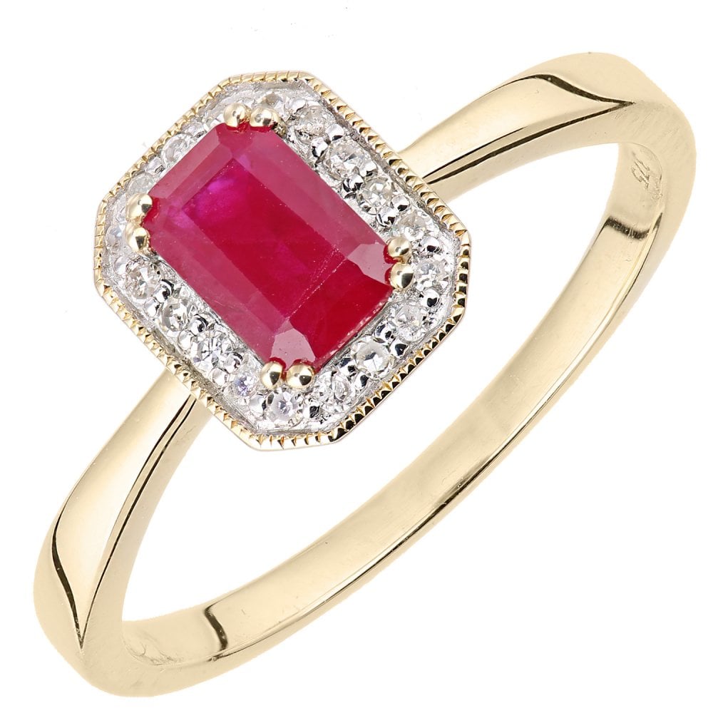 SPARKLD 9ct Yellow Gold Octagon Ruby and 0.08ct Diamond Cluster Ring