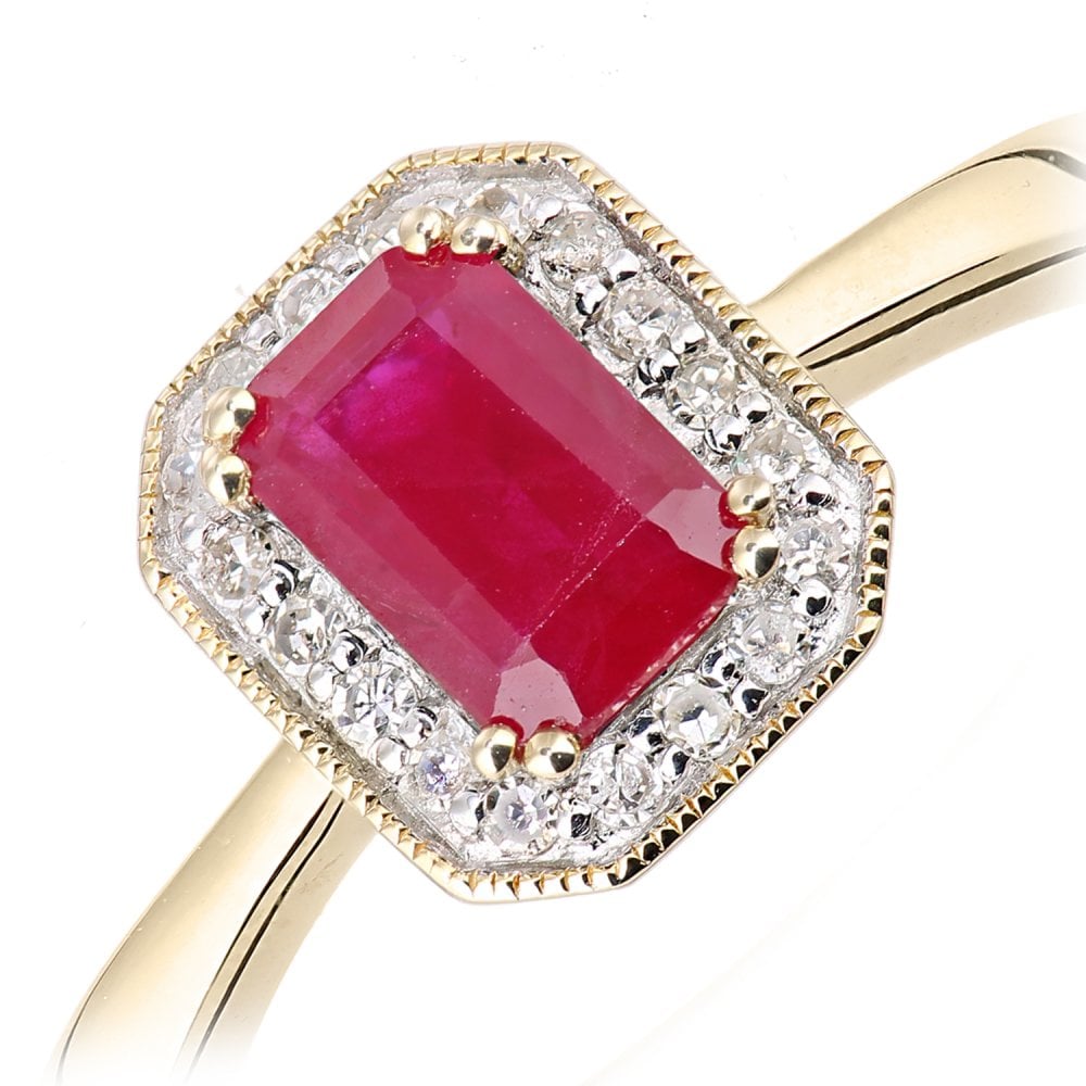 SPARKLD 9ct Yellow Gold Octagon Ruby and 0.08ct Diamond Cluster Ring
