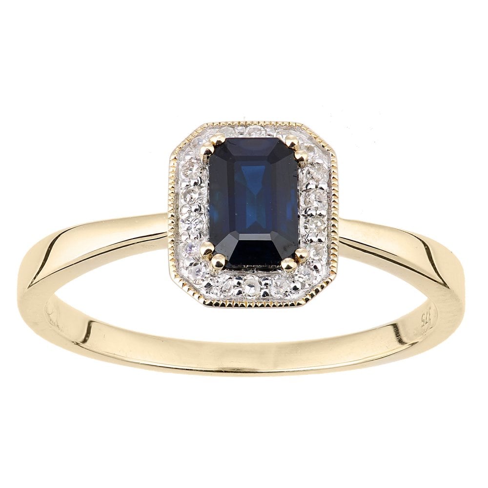 SPARKLD 9ct Yellow Gold Octagon Sapphire and 0.08ct Diamond Cluster Ring