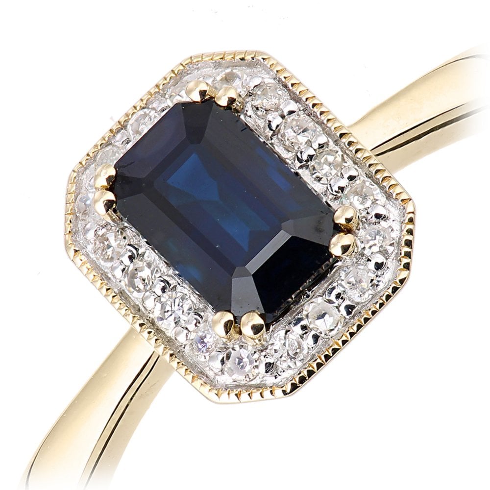 SPARKLD 9ct Yellow Gold Octagon Sapphire and 0.08ct Diamond Cluster Ring