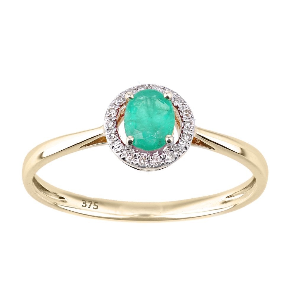 SPARKLD 9ct Yellow Gold Oval Emerald and 0.05ct Diamond Halo Ring