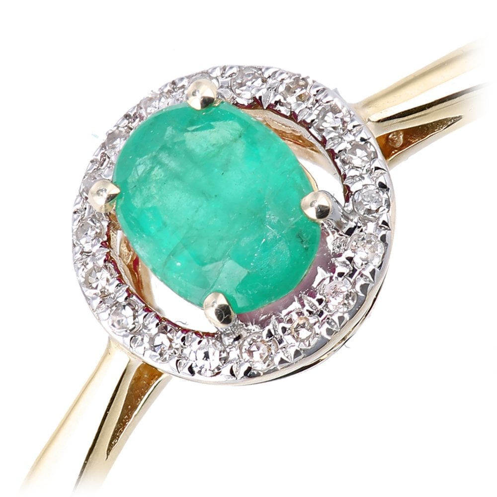 SPARKLD 9ct Yellow Gold Oval Emerald and 0.05ct Diamond Halo Ring