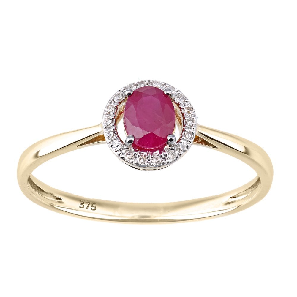 SPARKLD 9ct Yellow Gold Oval Ruby and 0.05ct Diamond Halo Ring