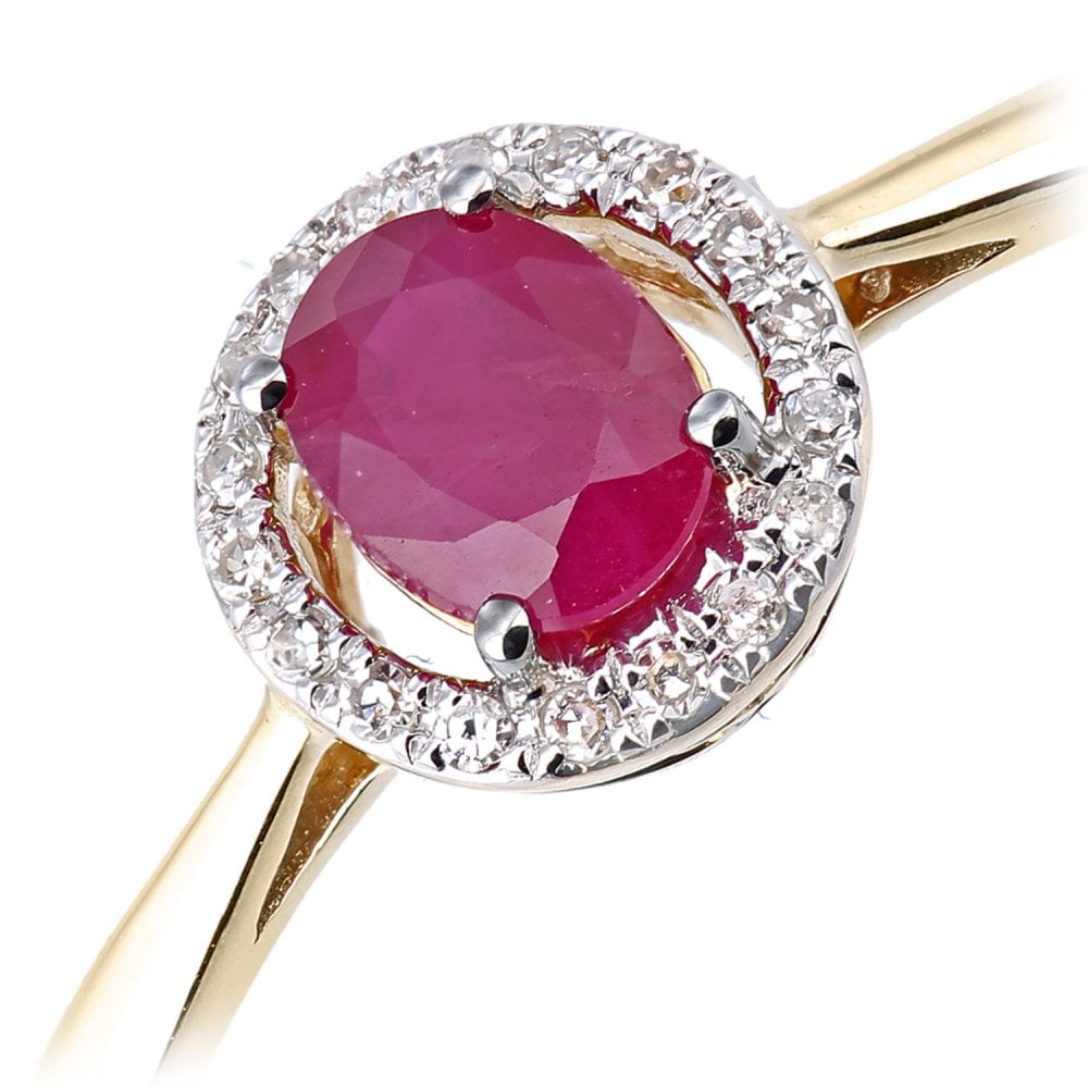SPARKLD 9ct Yellow Gold Oval Ruby and 0.05ct Diamond Halo Ring
