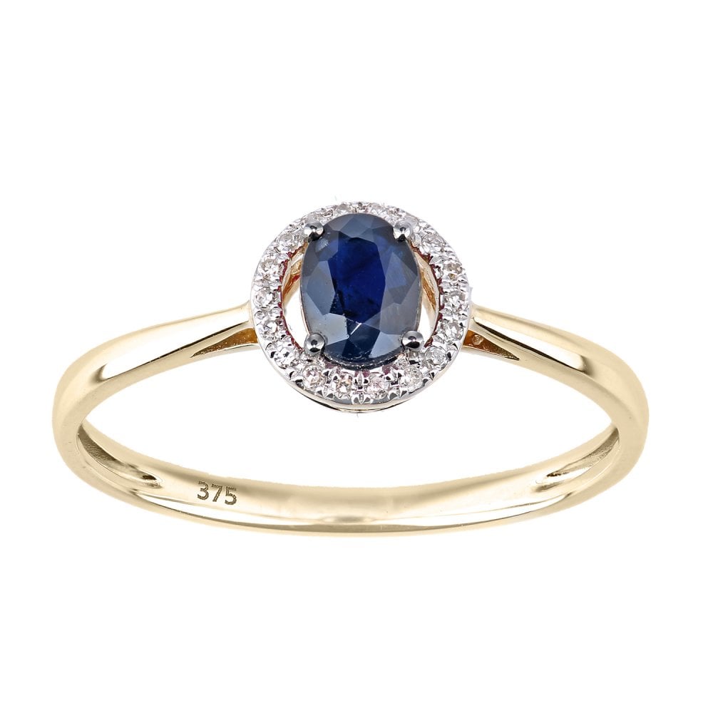 SPARKLD 9ct Yellow Gold Oval Sapphire and 0.05ct Diamond Halo Ring