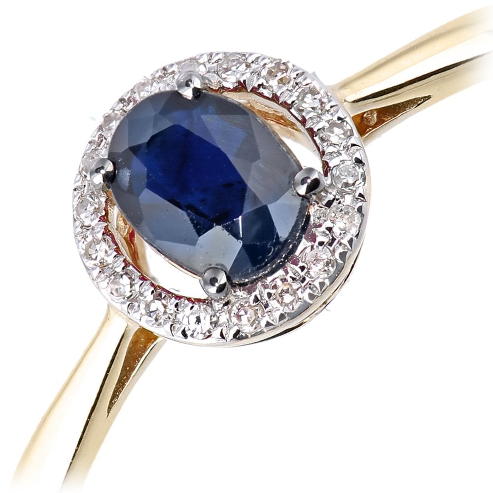 SPARKLD 9ct Yellow Gold Oval Sapphire and 0.05ct Diamond Halo Ring