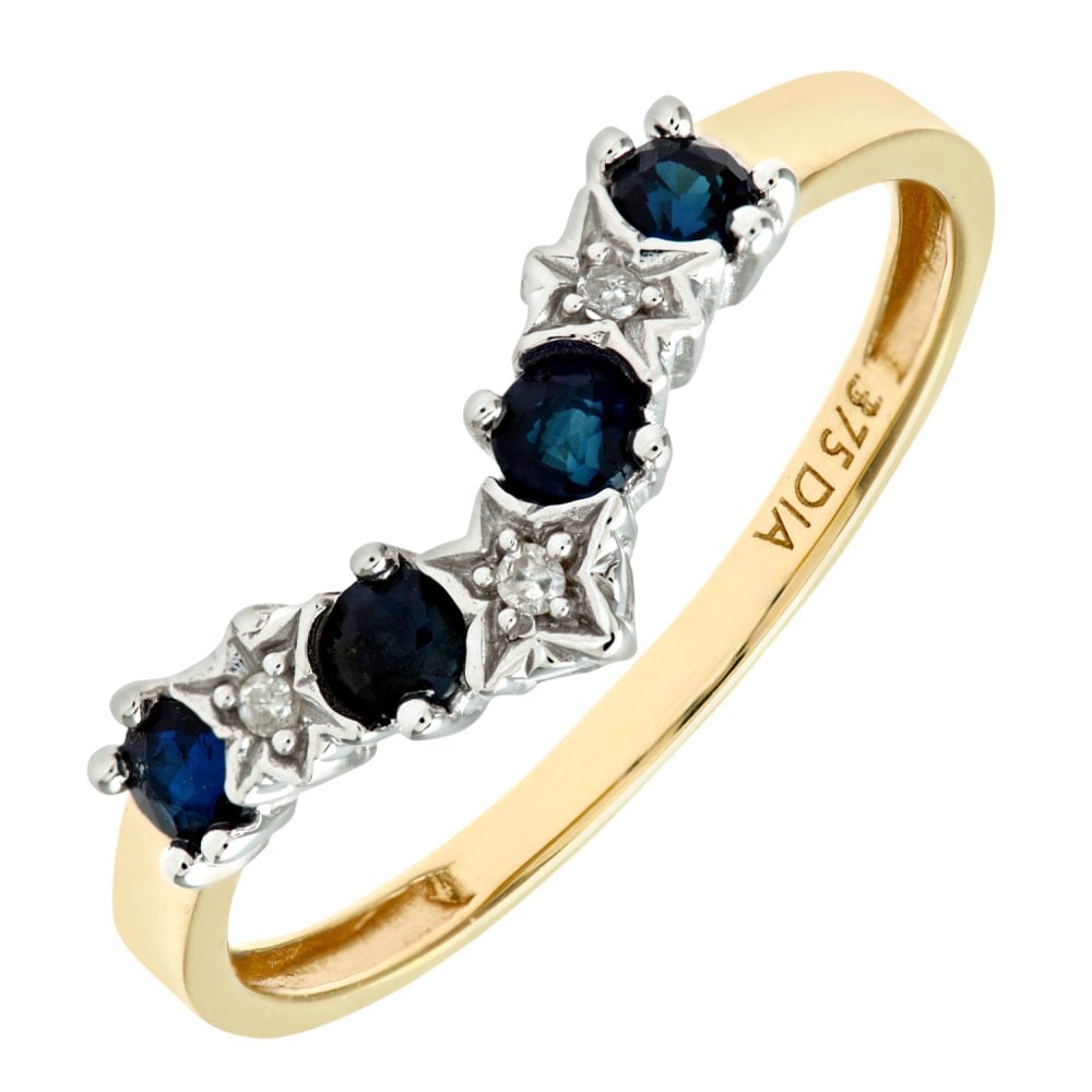 SPARKLD 9ct Yellow Gold Sapphire & 0.02ct Diamond Wishbone Ring
