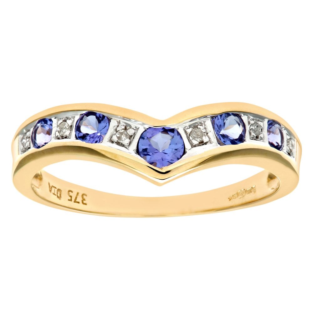 SPARKLD 9ct Yellow Gold Tanzanite & 0.02ct Diamond Wishbone Ring