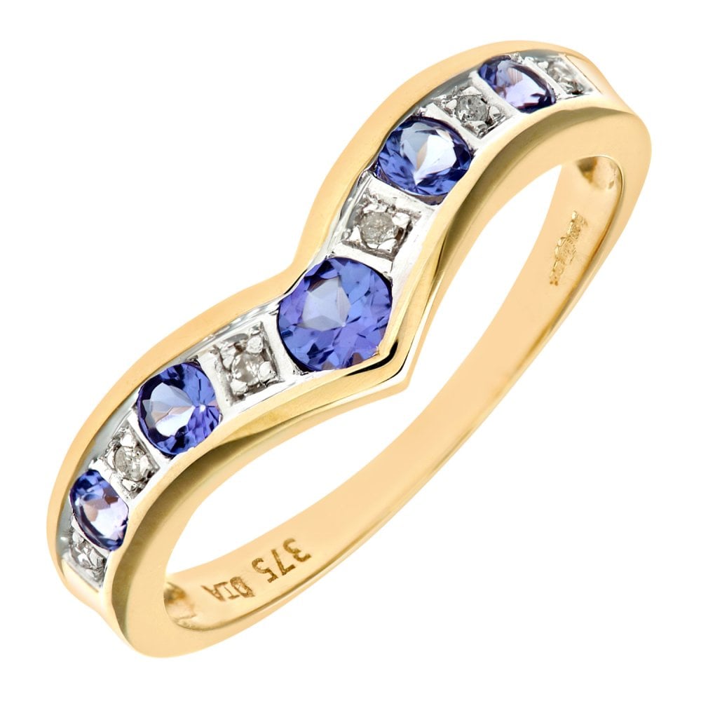 SPARKLD 9ct Yellow Gold Tanzanite & 0.02ct Diamond Wishbone Ring