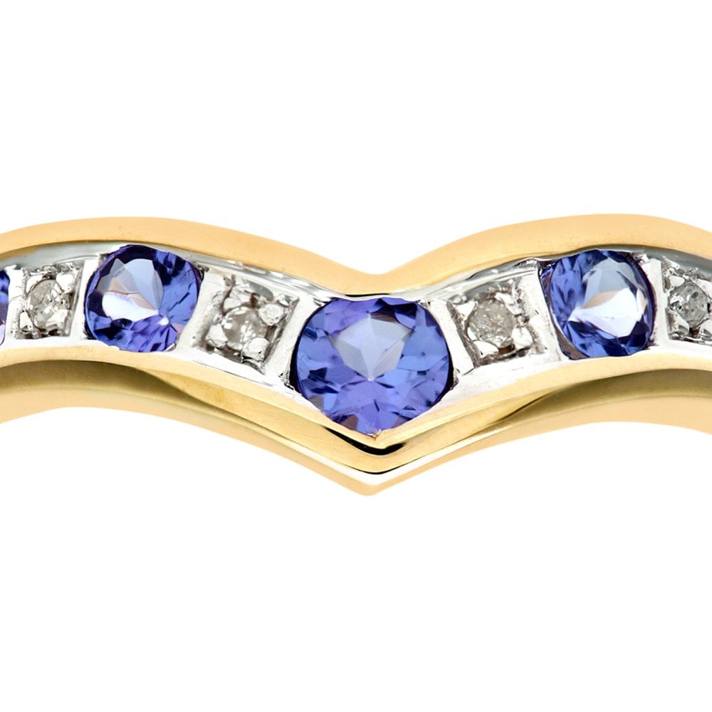 SPARKLD 9ct Yellow Gold Tanzanite & 0.02ct Diamond Wishbone Ring