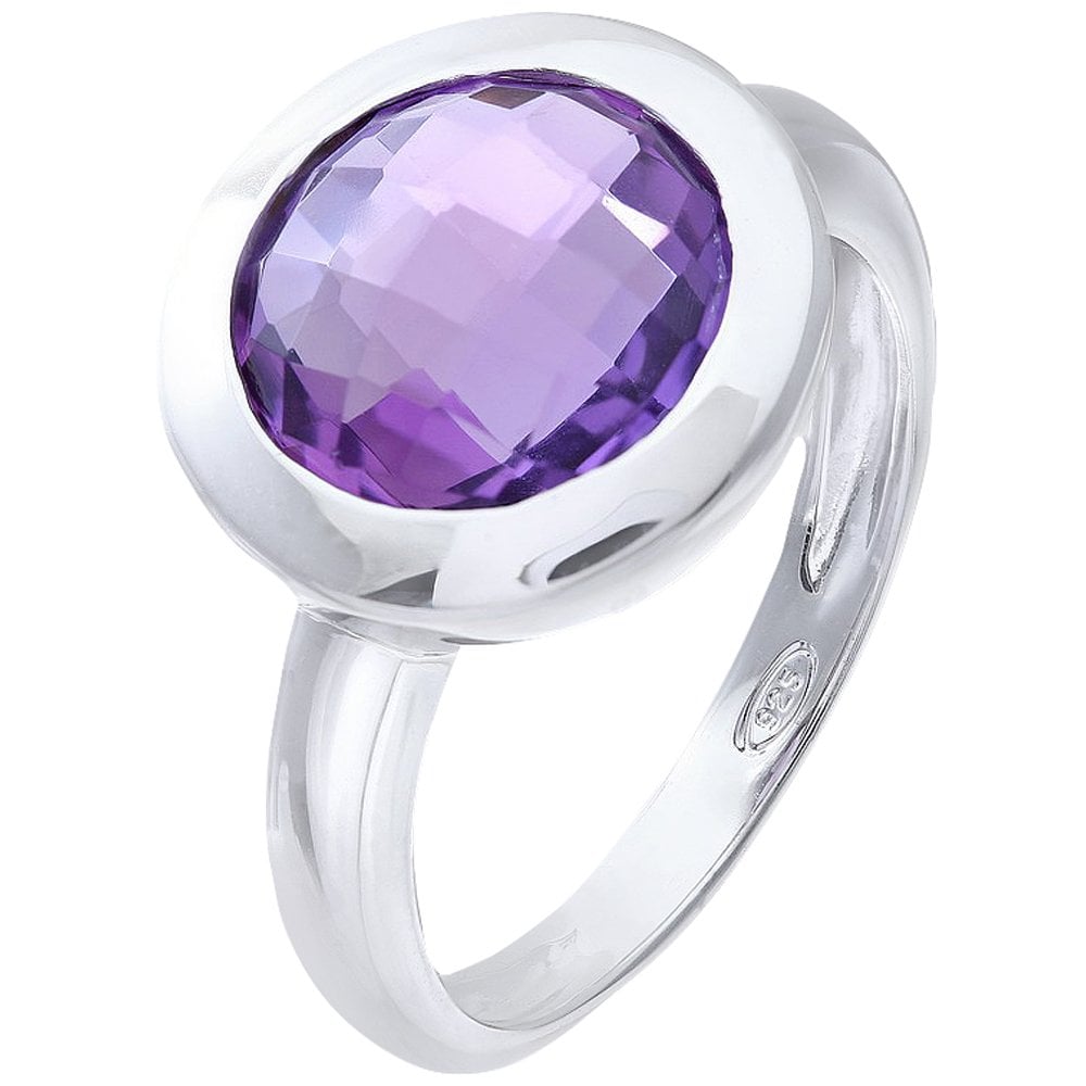 SPARKLD Rhodium Plated Silver Classic Round Amethyst Stone Ring