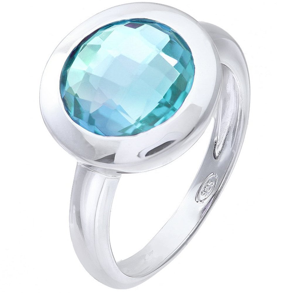 SPARKLD Rhodium Plated Silver Classic Round Blue Topaz Stone Ring