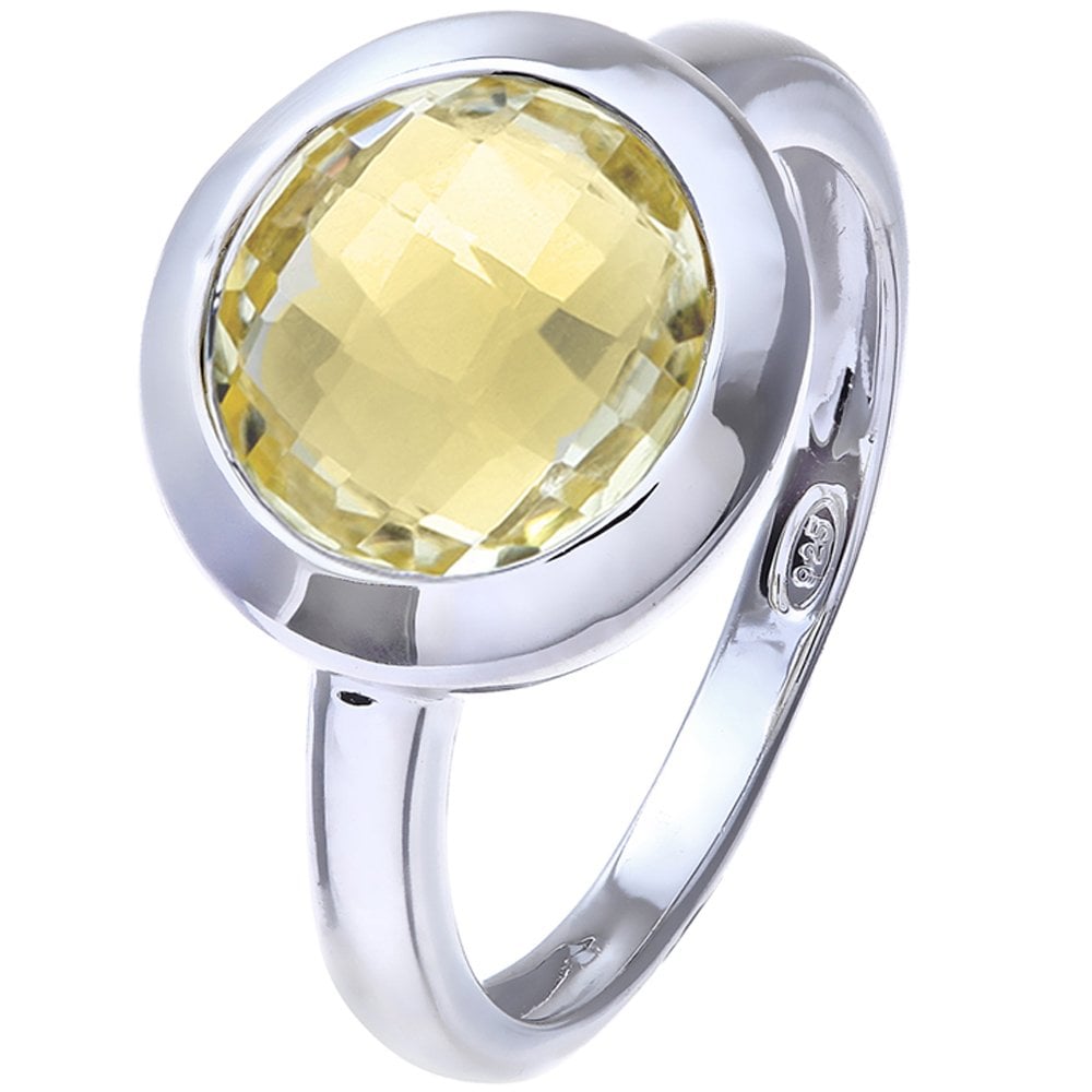 SPARKLD Rhodium Plated Silver Classic Round Lemon Lime Quartz Stone Ring