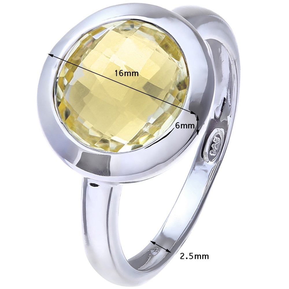SPARKLD Rhodium Plated Silver Classic Round Lemon Lime Quartz Stone Ring
