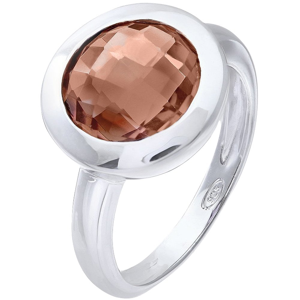 SPARKLD Rhodium Plated Silver Classic Round Smoky Quartz Stone Ring