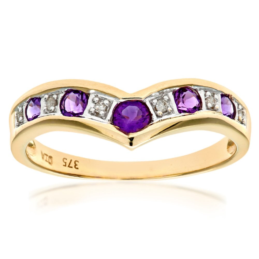 SPARKLD 9ct Yellow Gold Amethyst & 0.02ct Diamond Wishbone Ring