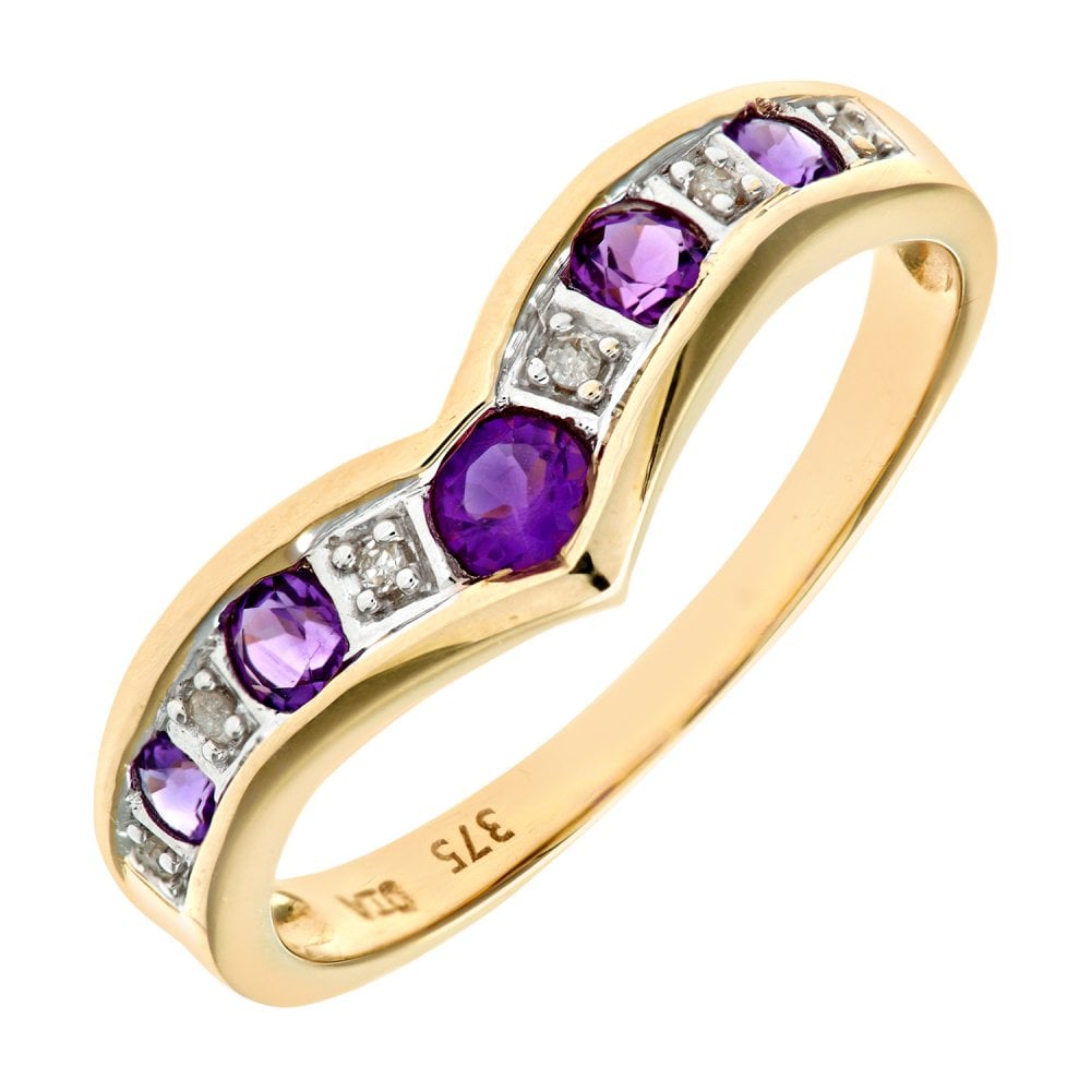 SPARKLD 9ct Yellow Gold Amethyst & 0.02ct Diamond Wishbone Ring