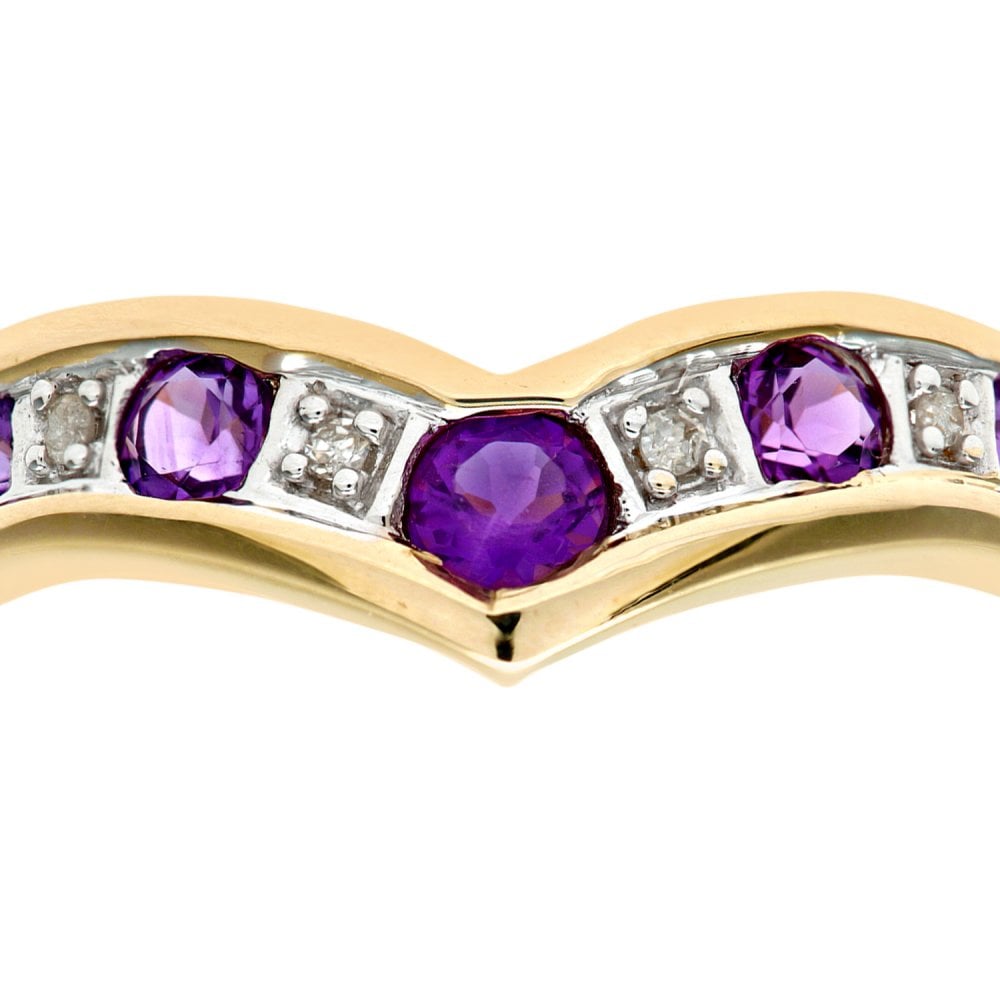SPARKLD 9ct Yellow Gold Amethyst & 0.02ct Diamond Wishbone Ring