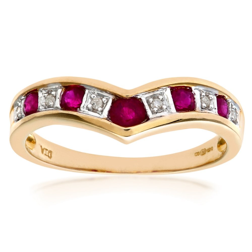 SPARKLD 9ct Yellow Gold Ruby & 0.02ct Diamond Wishbone Ring
