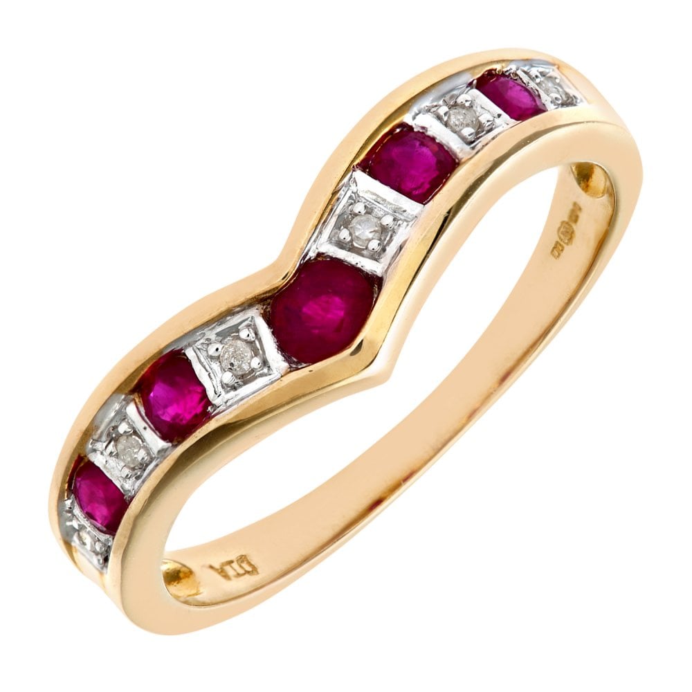 SPARKLD 9ct Yellow Gold Ruby & 0.02ct Diamond Wishbone Ring