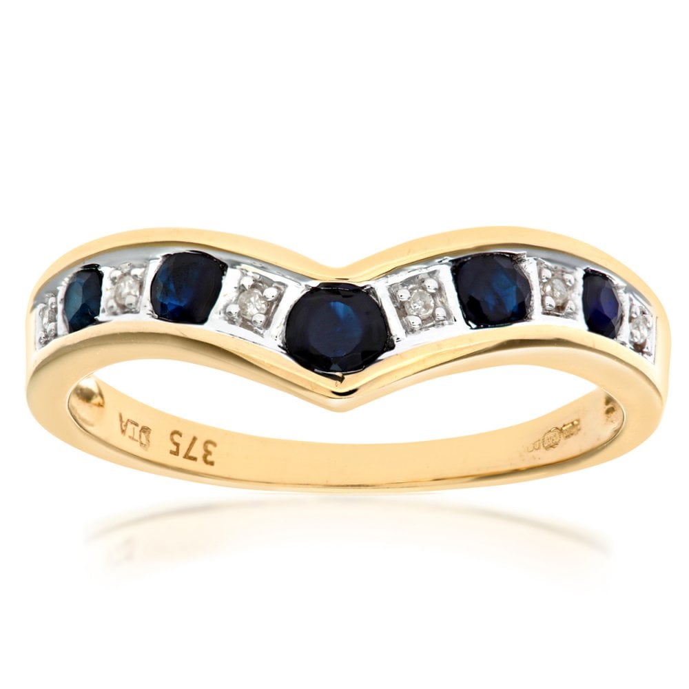 SPARKLD 9ct Yellow Gold Sapphire & 0.02ct Diamond Wishbone Ring