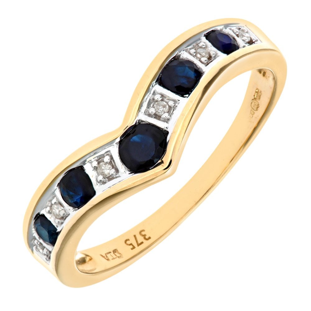 SPARKLD 9ct Yellow Gold Sapphire & 0.02ct Diamond Wishbone Ring