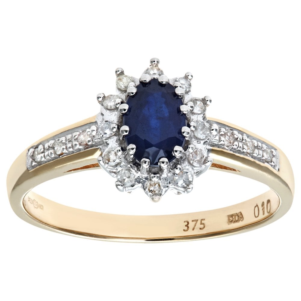 SPARKLD 9ct Yellow Gold Sapphire & 0.10ct Diamond Cluster Ring