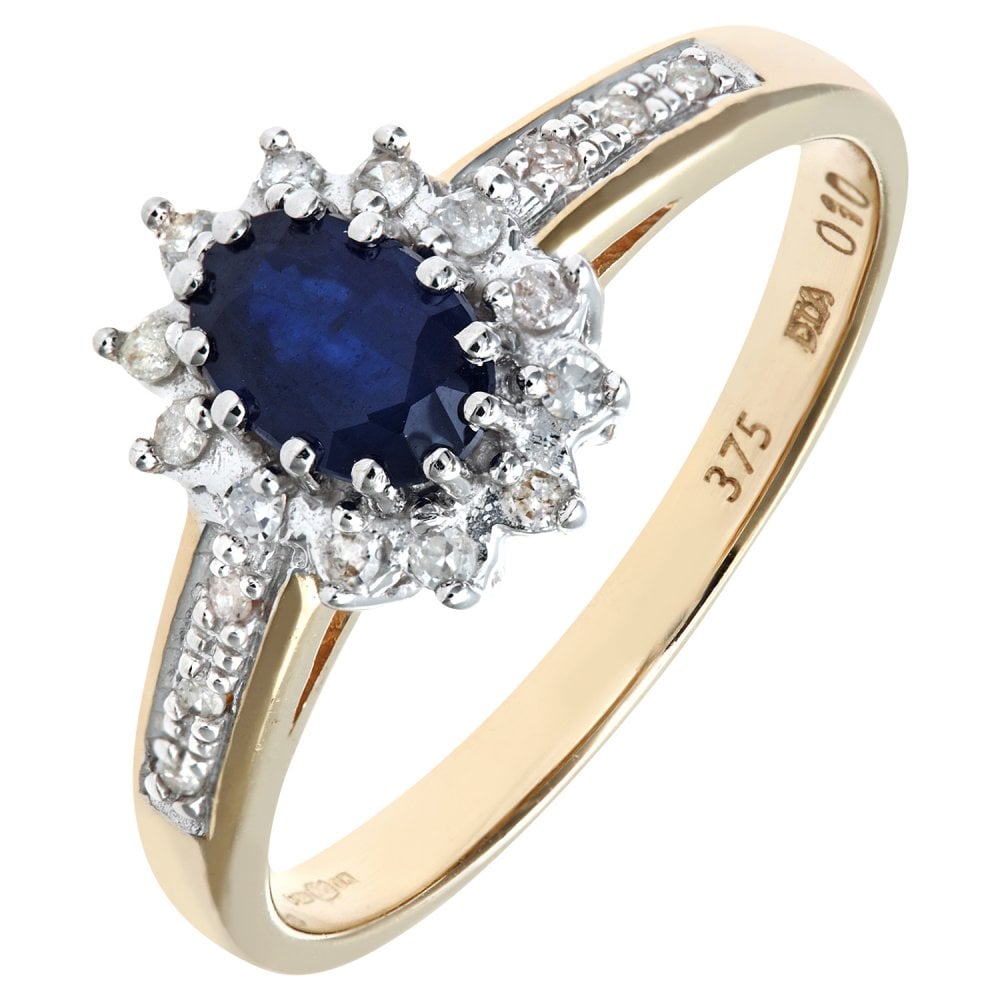 SPARKLD 9ct Yellow Gold Sapphire & 0.10ct Diamond Cluster Ring