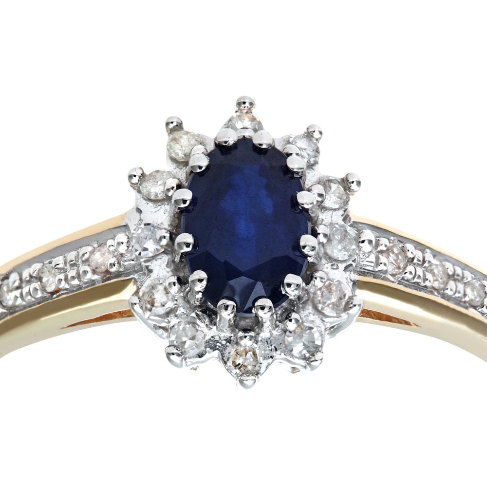 SPARKLD 9ct Yellow Gold Sapphire & 0.10ct Diamond Cluster Ring