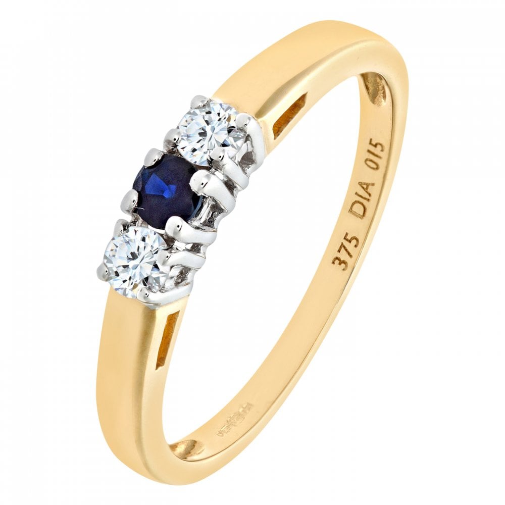 SPARKLD 9ct Yellow Gold 0.15ct Round Cut Diamond and Sapphire Four Claw Set Three Stone Ring