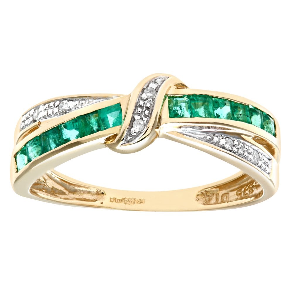 SPARKLD 9ct Yellow Gold Emerald And Diamond Bow Ring