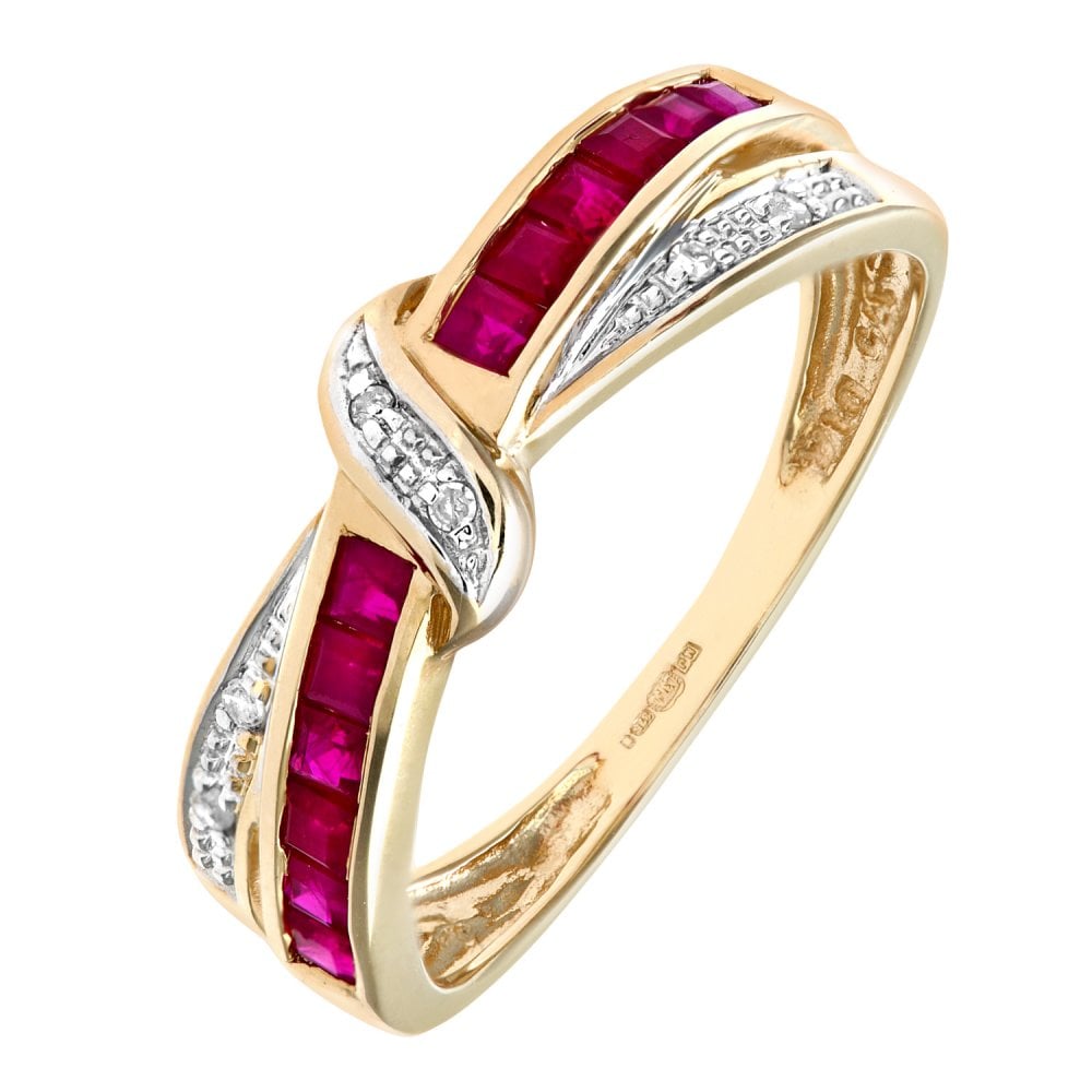 SPARKLD 9ct Yellow Gold Ruby And Diamond Bow Ring