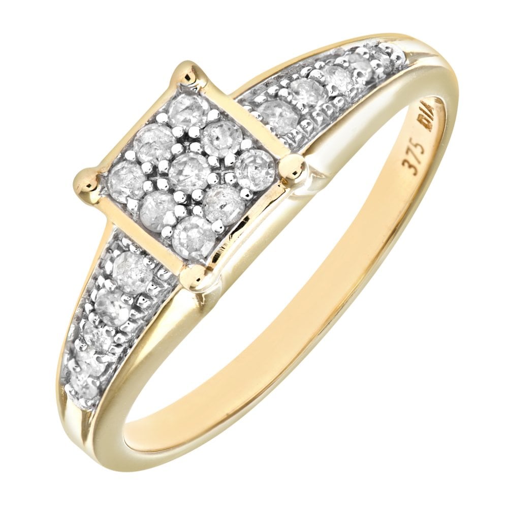 SPARKLD Diamond Set Shoulders and 9 ct Yellow Gold Square Design Ring