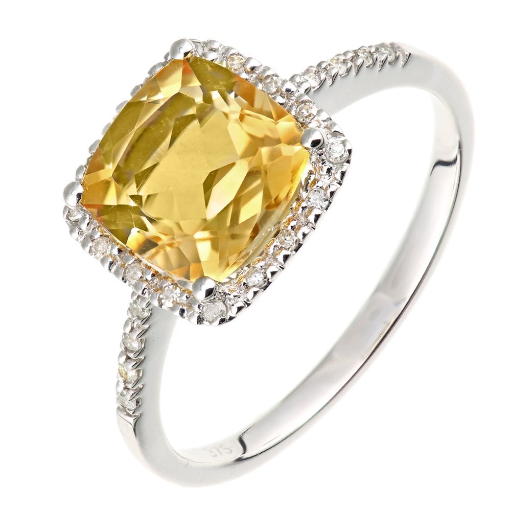 SPARKLD 9ct White Gold Cushion Citrine and 0.10ct Diamond Halo Ring