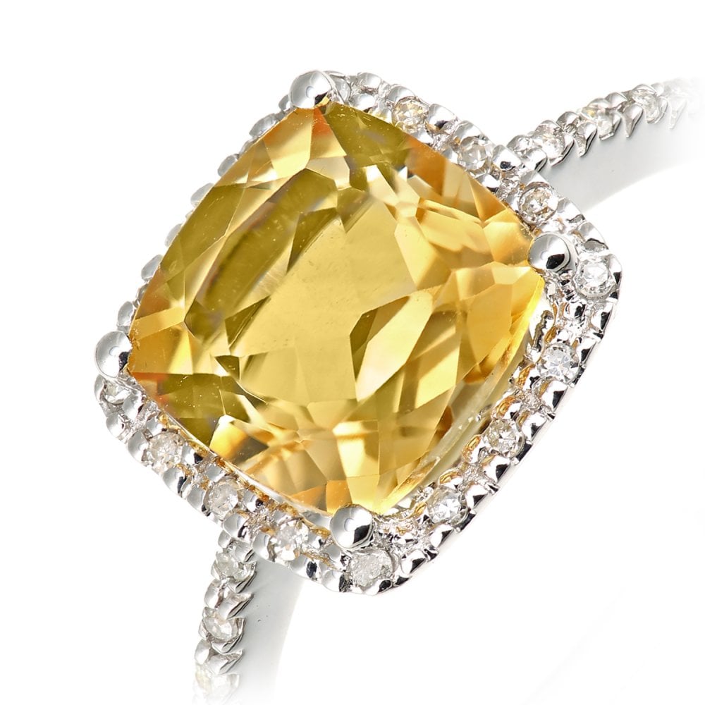 SPARKLD 9ct White Gold Cushion Citrine and 0.10ct Diamond Halo Ring